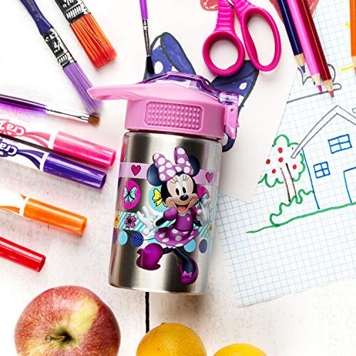 Image of Zak Designs Disney Minnie's Happy Helpers - Stainless Steel Water Bottle with One Hand Operation Action Lid and Built-in Carrying Loop, Kids Water Bottle with Straw Spout (15.5 oz, 18 /8, BPA Free)