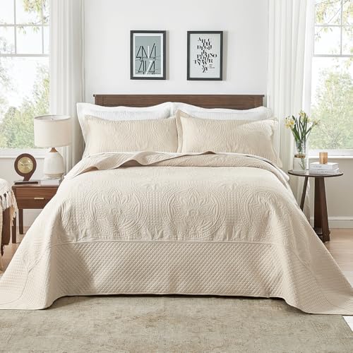 Qucover Oversized King Bedspread 128x120, Soft Microfiber California King Quilt Set, 3 Piece Bed Spreads, Ultrasonic Quilting Vintage Pattern, Beige