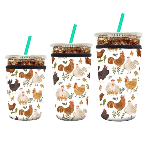Image of 3 Pack Reusable Neoprene Insulator Sleeve for Iced Coffee Cups, Funny Coffee Cup Sleeves for 16-32oz Coffee cups, Cute Drink Sleeve for Cold Hot Beverages Cute Chicken