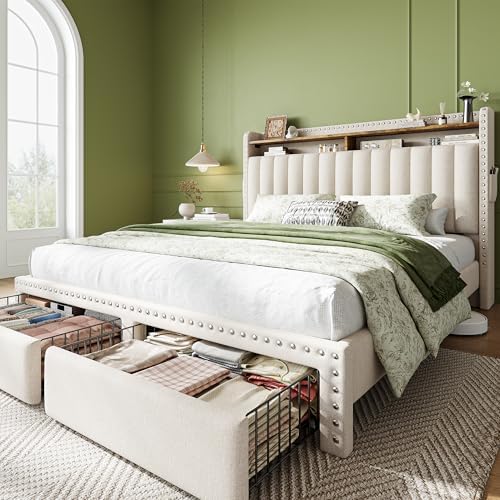 EnHomee Queen Bed Frame with 2 Drawers & 2-Tier Storage Headboard Shelf
