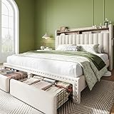 EnHomee Queen Size Bed Frame, Upholstered Queen Bed Frame with 2 Storage Drawers and 2-Tier Headboard, Vertical Tufted Headboard Design, Extra Storage Space for Bedroom Apartment, Beige