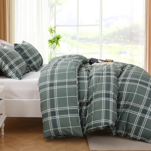 MUXHOMO Duvet Cover Queen Size, Reversible Floral Grey Plaid Duvet Cover Set with Zipper Closure, 3 Pieces Botanical Patterns Soft Microfiber Bedding Set with 4 Ties (90"x90", 2 Pillow Cases)