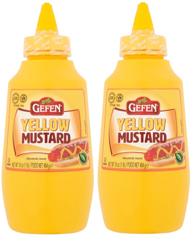Gefen Yellow Mustard, American Style, Squeeze Bottle 454g (Pack of 2) Classic Sauce for BBQs, Hot Dogs, Burgers, Cooking, Sandwich Spread & Parties