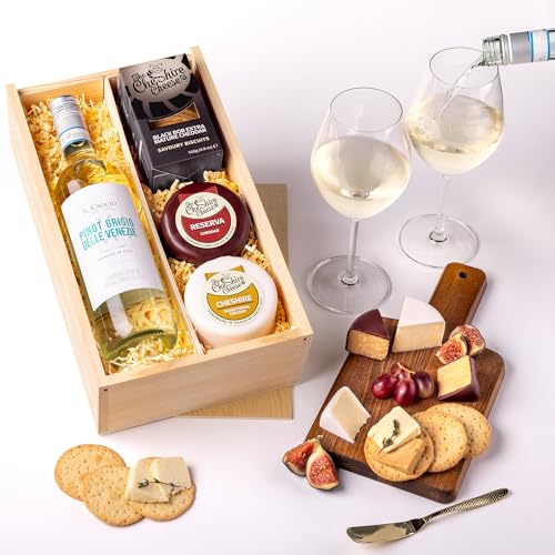 Cheshire Cheese Company | Duo of Cheese and White Wine Gift Set The Cosy Night In | 2 Cheeses Biscuits & White Wine Gift Set in Presentation Box | Luxury Food Hamper for any occasion