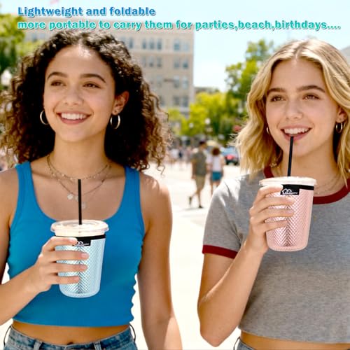 Image of WKIEASON Reusable Iced Coffee Sleeves 16-32OZ PU Leather Neoprene Coffee Cup Sleeves Insulator Cover for Cold Drinks Beverages, Starbucks, McDonalds, Dunkin Donuts and More(Blue Set)
