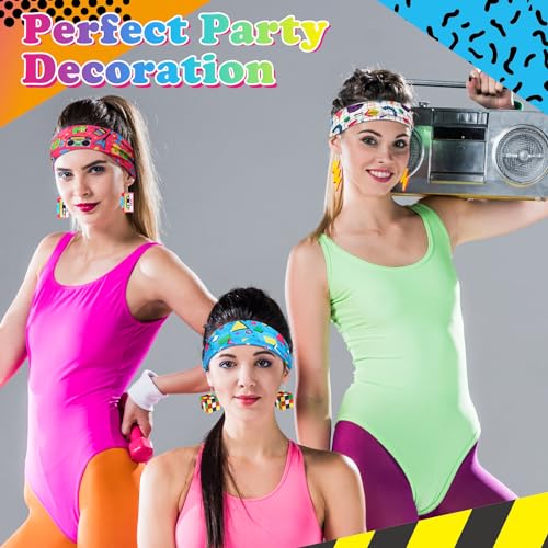 80S 90S Accessories for Women 4 Pairs Retro Earrings 4 PCS Headbands 80S Stylish Girl Neon Earrings Cassette Tape Acrylic Drop Dangle 90S Hair Accessories Vintage Headbands Soft Elastic Sweat2