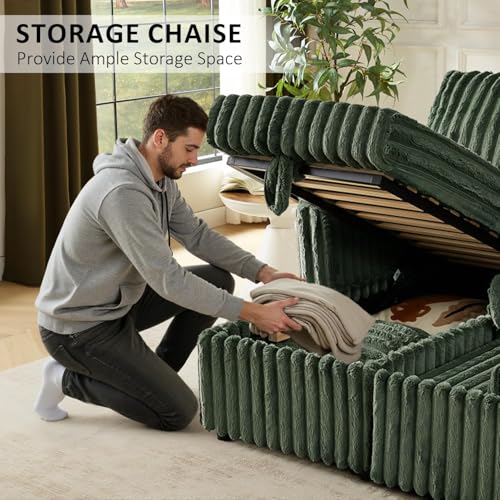 Image of KCGKCG 81 inch Sectional Sleeper Sofa Bed, Pull Out Couches for Living Room | Pull Out Sofa Bed with Storage Chaise, Dual Cup Holders, Side Storage Pocket, Charging Station, Plush Corduroy Fabric