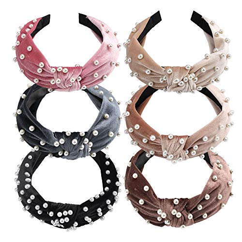 TOBATBA 6 Pack Velvet Wide Headbands Knot Turban Headband Vintage Hairband with Faux Pearl Elastic Hair Hoops Fashion Hair Accessories for Women, Christmas Party Decorations