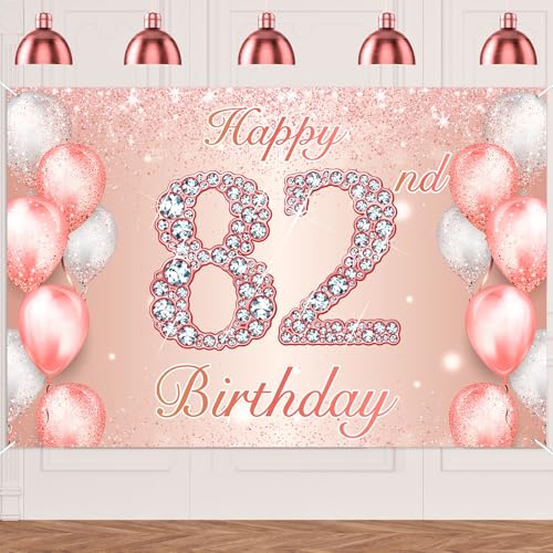 Image of Happy 82nd Birthday Rose Gold Banner Cheers to 82 Years Old Backdrop Confetti Balloons Theme Decor for Women 82 Years Old Pink Birthday Party Decorations Bday Supplies Background Favors Gift Glitter