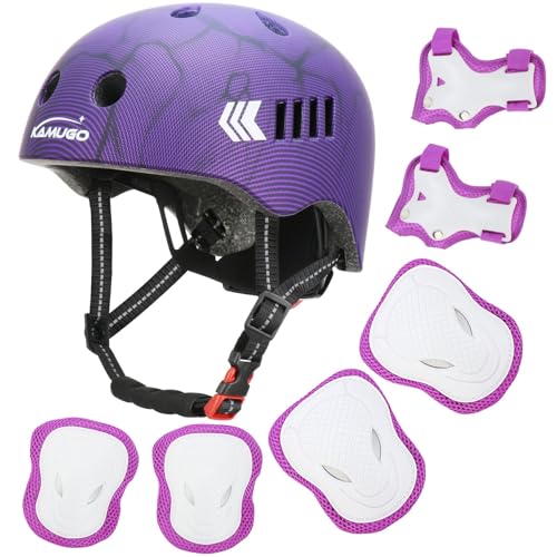 Kamugo Equipo de Protección Ajustable para Niños - Casco, Rodilleras, Coderas, Guantes, Compatible con Bicicleta, Skateboard, monopatín y Otros Deportes Extremos (Fibra de Carbono Morada)
