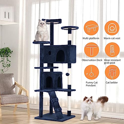 Image of BestPet | 70 inch Cat Tree Tower | Navy Blue | Sturdy Multi-Level Cat Tree
