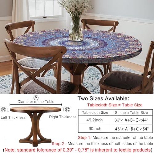 Fitted Vinyl Round Tablecloth for 36-44" Table Boho Waterproof Reusable Summer Fall Tableclothes Campers Inside Outdoors Supplies Dining Room Kitchen Needs White Elephant Gifts