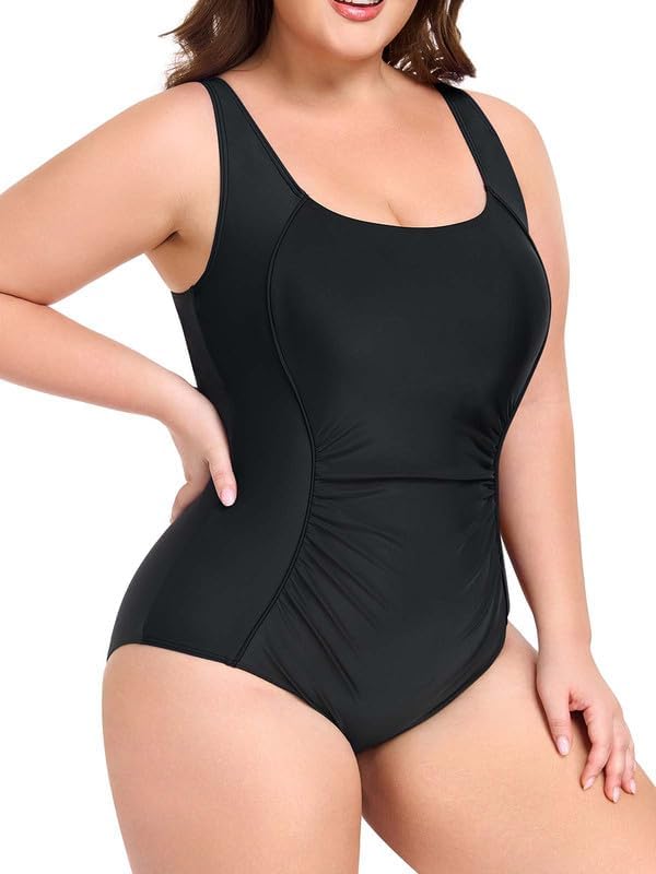 BeautyIn Plus Size Swimsuit for Women Adjustable Straps & Tummy Control Ruched Bathing Suit