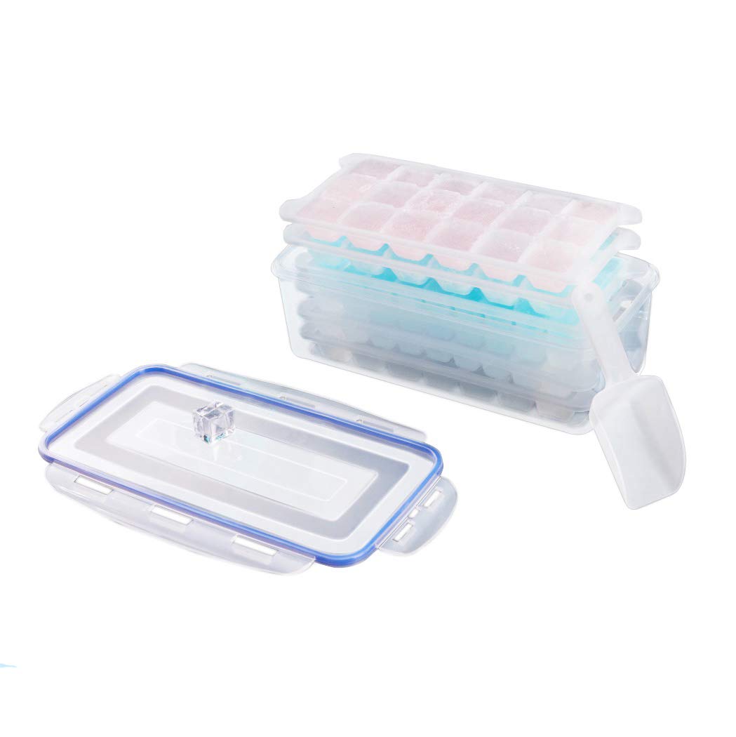 WELUVIce Cube Tray with Lid Square Ice Cube Mould Easy Release Ice Maker with Ice Storage Box +Ice Scoop BPA Free Safe for Freezer Baby Food Water whiskey Fruit Cocktail Ice Mold