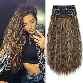 Curly Clip in Hair Extensions, 20 inch Hair Extensions Clip ins, Curly Hair Extensions Clip in Human Hair, Synthetic Clip On Hair Extensions (Color: Chestnut Brown Mixed Honey Blonde)