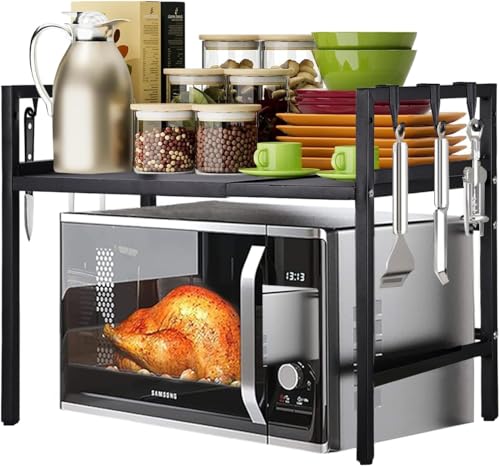 XGHEO Estante de Microondas, Estante Extensible para Microondas de 2 Niveles, Estante Microondas con 6 Ganchos ara Cocina Encimera Utensilios de Cocina Horno,Capacidad de Peso de...