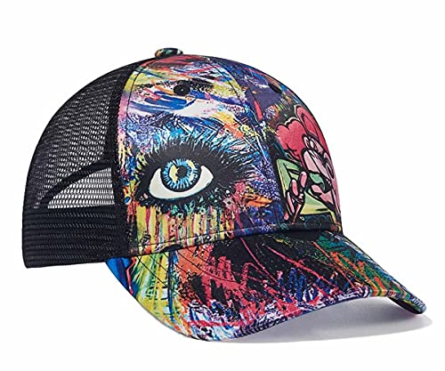 Quanhaigou Graffiti Print Snapback Mesh Hats,Blue Eye Cartoon Anime Flat Bill Brim Dad Trucker Hat,Hip Hop Men Women Baseball Caps