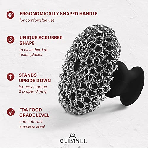 Image of Cuisinel Cast Iron Chainmail Scrubber + Pan Scraper - Deluxe Ergonomic Stainless and Silicone Cleaner for Pots and Skillets - Food-Safe Design - Easy to Clean Dishwasher Safe Cookware Sponge Accessory