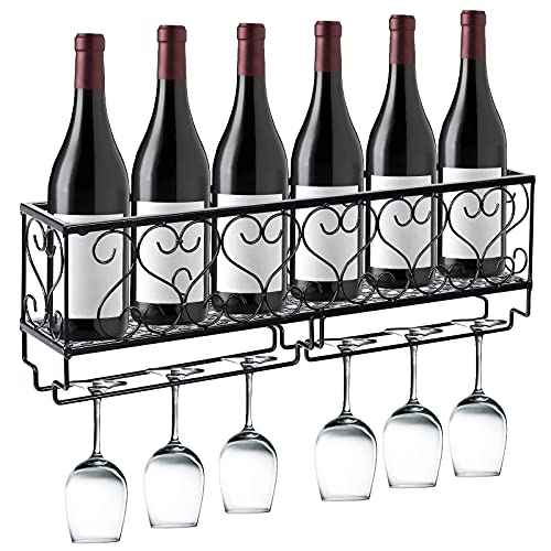 Relax4life Casier à Vin Mural 2 en 1 en Fer Forgé avec Porte-Bouteilles et Porte-Verre，Casier à Bouteilles Style Industriel avec Grande Capacité pour Cuisine, Restaurant et Bar, 50 X 10 X17CM, Noir
