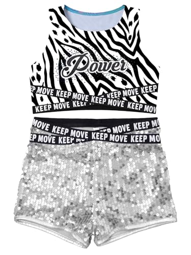 Mufeng Kids Girls Jazz Hiphop Dancewear Gymnastics Tracksuit Crop Tank Top Sequins Shorts Set3