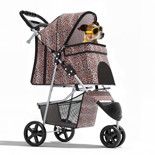 Image of Magshion 3-Wheel Pet Stroller, Foldable Travel Jogger for Small & Medium Dogs & Cats (Up to 33lbs), Lightweight Carrier with Breathable Mesh Cover, Cup Holder & Storage Basket, Leopard Print