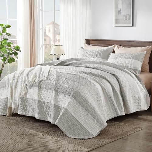 Image of Andency King Size Quilt Set Linen Grey, 3 Pieces Summer Ultra Soft Lightweight Bedspreads & Coverlets Set, Patchwork Striped Quilted Bedding Sets for All Seasons (1 Quilt, 2 Pillow Shams)