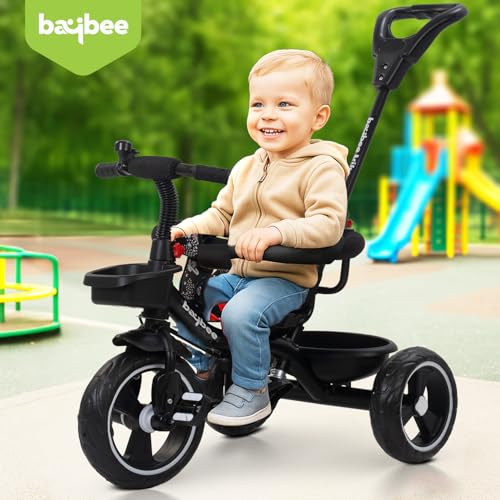Image of Baybee 2 in 1 Baby Tricycle for Kids | Smart Balance Baby Trikes with Parental Handle, Cushion Seat, Safety Guardrail & Dual Storage | Kids Cycle for 2-5 Years Boy Girl (Tovino Black)
