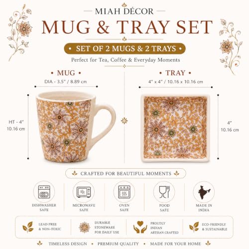 Image of Miah Decor Ceramic Coffee Mugs Set with Serving Platter, Handmade Stoneware
