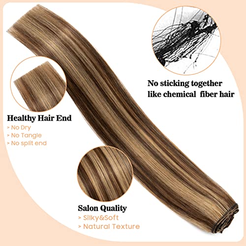 S-noilite Clip in Hair Extensions Real Human Hair,5Pcs Remy Natural Hair Extension Double Weft Seamless Clip in Hair Extensions Full Head for Women- #4P/27 Medium Brown & Dark Blonde-16 Inch(60g) - Image 3