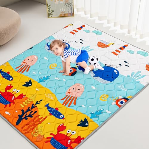 Image of TreeBud Baby Play Mat - Thicken 71x59 Inch Soft Foam Crawling Mat for Playpen & Floor, Non-Slip Waterproof Playmats for Infants & Toddlers, Portable Foldable & Machine Washable, Ocean World