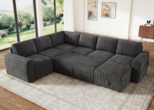Image of HONBAY Modular Sectional Sleeper Sofa with Pull Out Bed,Corduroy U Shaped Couch with Storage, Sectional Couches for Living Room,Dark Grey