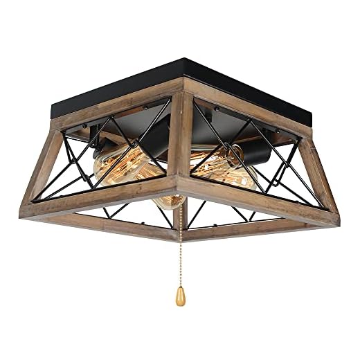Baiwaiz Industrial Farmhouse Pull String Switch Close to Ceiling Lighting, Square Rustic Flush Mount Wood Ceiling Light with Pull Chain Black Metal Cage Light Fixture Edison 4 Lights E26 BW17103PC