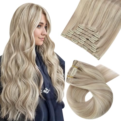 Moresoo Human Hair Extensions Clip in Real Hair Ash Blonde with Bleached Blonde Clip in Hair Extensions Remy Human Mid-length Hair Layered Add Volume 14 Inch 5pcs/80g #P18/613