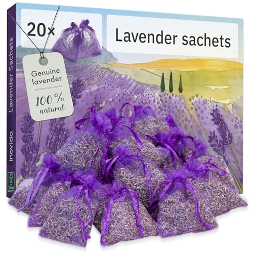 Lavender Bags : 20 Dried Lavender Flowers Bags as Natural Air Freshener and Moth Repellent for Wardrobes – Wardrobe Fresheners – Car Freshener – Room Air Freshener – Lavender Sachets by Inovida
