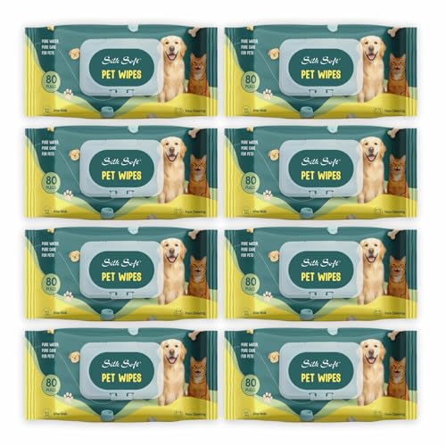 Image of Pet Wipes | 640 Wipes (80 Pulls x 8 Packs) | Gentle Cleaning Wipes for Dogs & Cats | Deodorizing & Skin-Friendly Pet Grooming Wipes | Ideal for Paws, Fur, Face & Body