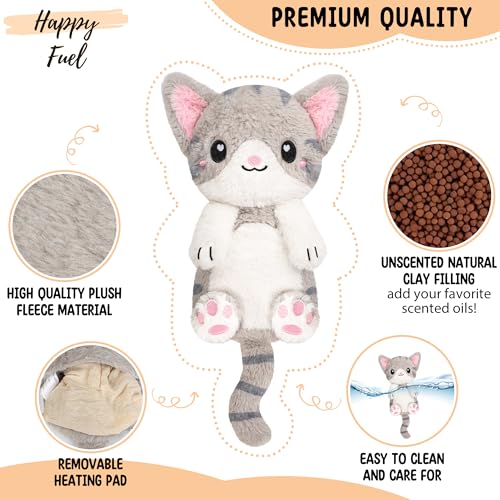 Image of Happy Fuel Grey Cat Microwavable 1.5 lbs Unscented Heating Pad for Women & Kids- Cute Soft Cozy Pillow Plush Heatable Warm Stuffed Animals- Kawaii Hot & Cold Plushie - Gray Cat Gifts for Girls & Women