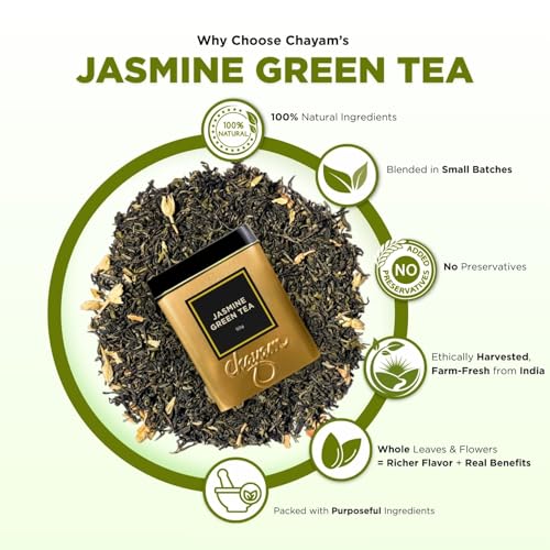 Image of Chayam Jasmine Green Tea | 50g Loose Leaf with Real Jasmine Flowers & Natural Aroma | Antioxidant-Rich Detox Green Tea for Stress Relief & Relaxation | Premium Wellness Tin