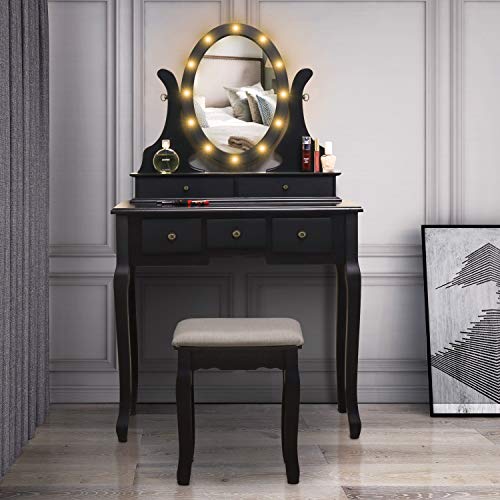 MAISMODA Vanity Table Set with 10 LED Lights, 5 Drawers Makeup Dressing Desk