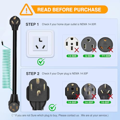Image of Nilight EV Dryer Adapter Cord 30 Amp to 30Amp 3 Prong 125V 3750 Watt Pure Copper Dryers Old Outlet New Plug Conversion Heavy Duty 10 Gauge Wires 10-30P to 14-30R 30M /30F