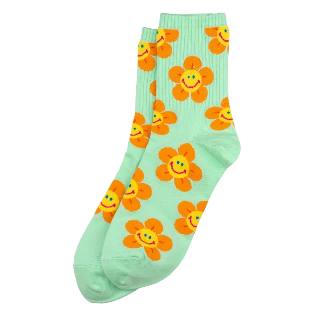 Joe Cool Unisex Green Socks Cotton & Spandex Sunny Flower Face