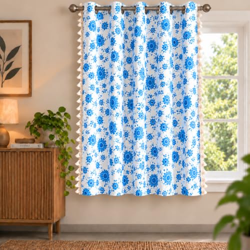 Cortina Floral Light-Filtering 100% Cotton Curtains 5 feet Long Set of 1 for Window [ Opacity: 50-60%, Color: Blue, 180 GSM ]