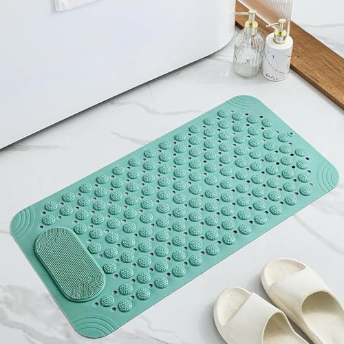 Image of VHKD PVC Bathroom Door Bath mat Anti Slip Skid with Foot Scrubber for Room Shower Suction Cups Drain Holes Silicone Floor mat Rectangle (Marsh Green)