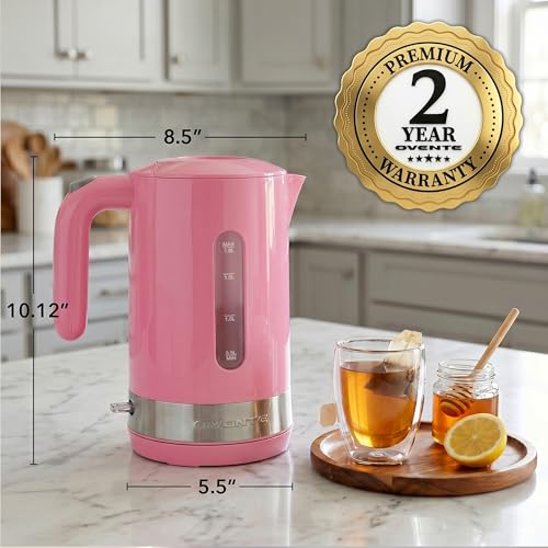 Image of OVENTE 1.8L Electric Kettle, BPA-Free with Easy-Fill Lid, Pink KP413P | 1500W Fast Boiling Water Heater, Auto Shut-Off, Boil-Dry Protection, 360 Swivel Base, Clear-View Window, Removable Filter