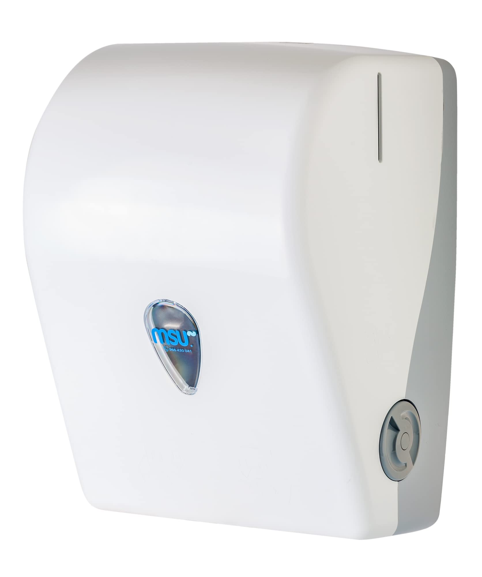 MSU - Dispensador de Papel Autocortante con Cierre de Seguridad | Capacidad Ø 210mm | Incluye Tornillos y Llave | Ideal para Toallas Papel Secamanos, Servilletas Zig Zag, Blanco, Policarbonato
