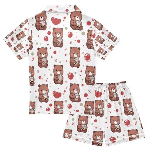 senya Drink Milk Tea Bear Satin Summer Pajama Sets Silk Short Sleeve Button Down Sleepwear2