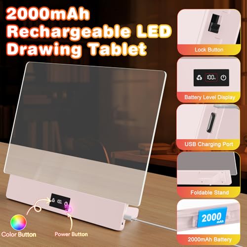 Image of LED Drawing Board, 16 inch Rechargeable Light Up Drawing Pad with 2000mAh Rechargeable Battery, Multi-Functional LED Display Board for Drawing /Message /Night Light, Creative Gift Art Kit, Pink