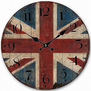 Telisha Wooden Wall Clock UK British Flag Union Jack Clock Retro Vintage Large Clock Home Decorative Country Non -Ticking Silent Quiet 14 Inch Gift