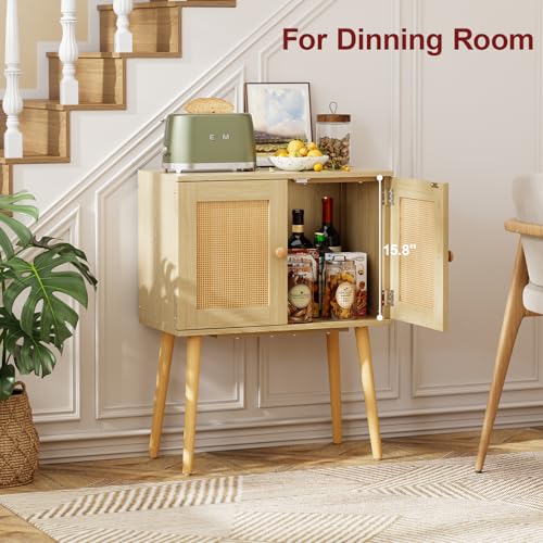 Sideboard Buffet Kitchen Storage Cabinet , Small Coffee Bar Cabinet with Rattan Doors and Tall Solid Wood Legs, Boho Accent Media Console Credenza Cabinet for Entryway,Living Room,Kitchen, Small Space - Image 4