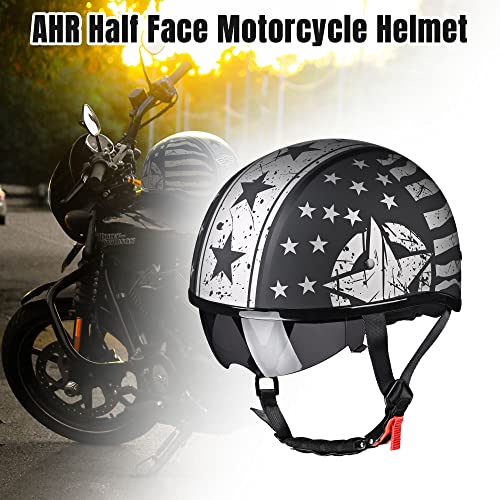 Ahr Half Helmet With Sun Visor, Quick Release Buckle Half Face Warrior Motorcycle Helmet For Bike Chopper Cruiser Dot Approved, Run-D (Patriotic Flag, L) #TOP2