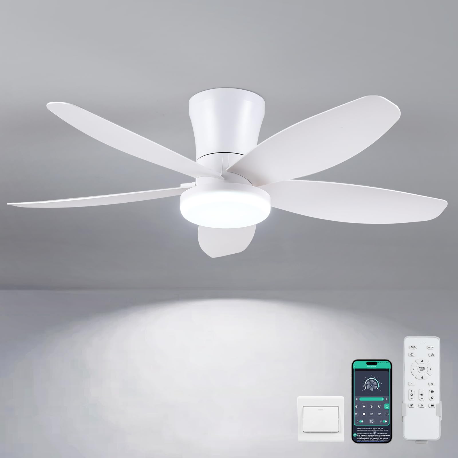 Deckenventilatoren mit Beleuchtung-92CM Bauender Deckenventilator mit LED-Beleuchtung und Fernbedienung/App-Steuerung, dimmbare LED-Deckenventilatoren für Schlafzimmer, Innen-/Außenbereich(Weiß)